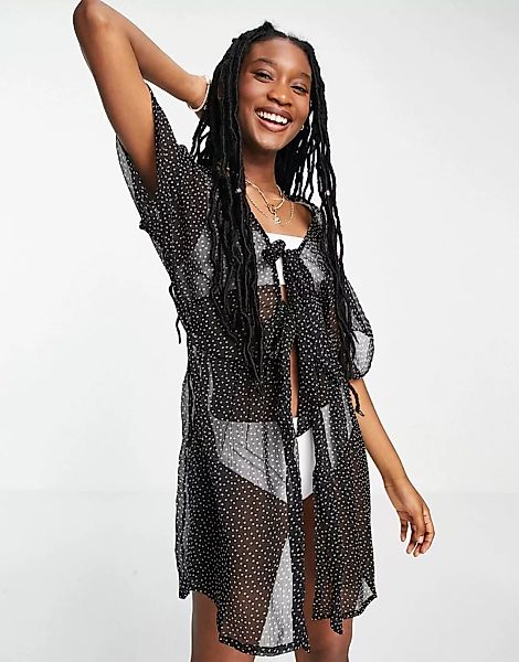 Brave Soul – Schwarz gepunktetes Strandkleid zum vorne Binden günstig online kaufen