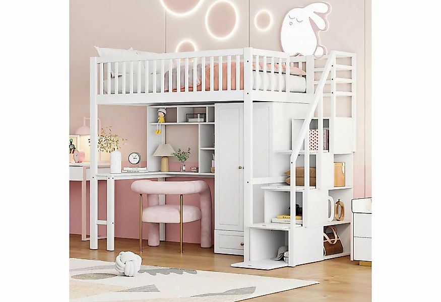 MODFU Kinderbett Hochbett mit großem Kleiderschrank Regal und Tisch (90 x 2 günstig online kaufen
