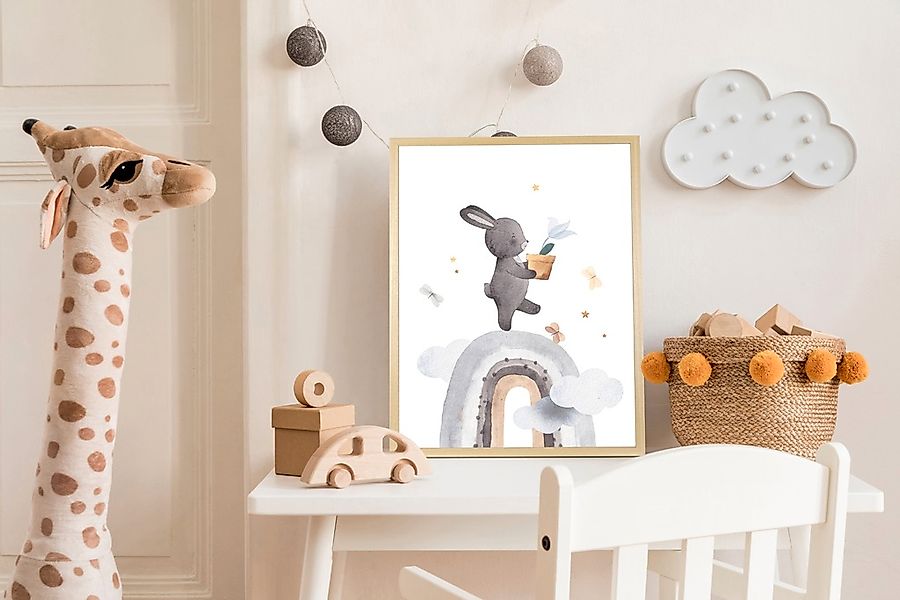 queence Bild mit Rahmen "Hase mit Blume", Bilder vom Sternenhimmel-Hase-Has günstig online kaufen