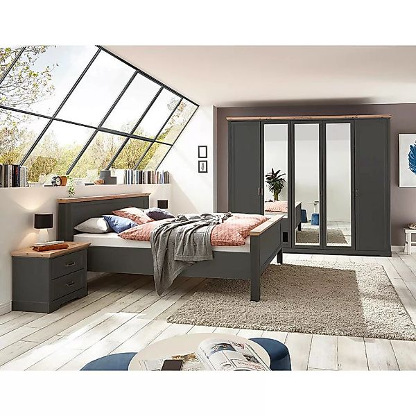 Schlafzimmer Set 4-teilig Bett 180x200cm Graphit mit Eiche JÜLICH-77 günstig online kaufen