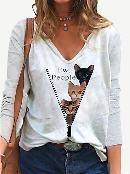 Cartoon Katze Bedrucktes Langarm-T-Shirt mit V-Ausschnitt für Damen günstig online kaufen