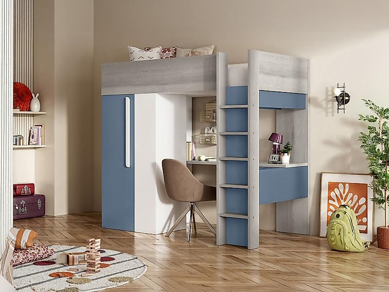 Hochbett mit Schreibtisch & Kleiderschrank + Matratze  - 90 x 200 cm - Blau günstig online kaufen