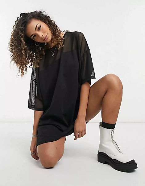 ASOS DESIGN – Kurzärmliges T-Shirt-Kleid in Schwarz aus Netzstoff-Mischgewe günstig online kaufen