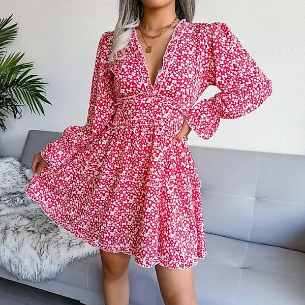 RUZU UG Dirndl Sexy Kleid mit V-Ausschnitt, floralem Ohrsaum und langen Ärm günstig online kaufen