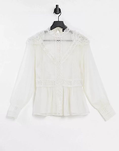 ASOS DESIGN – Langärmlige Chiffon-Bluse mit Spitzenbesatz in Elfenbein-Weiß günstig online kaufen