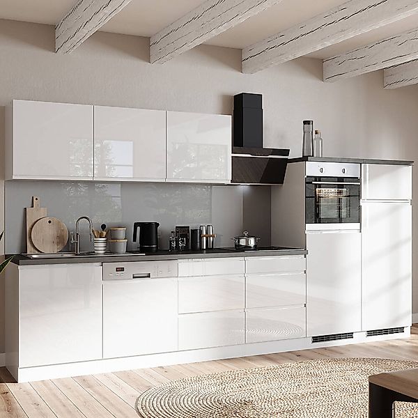 Küchenzeile 360 cm, inkl. E-Geräte, in Hochglanz weiß, Arbeitsplatte Betono günstig online kaufen