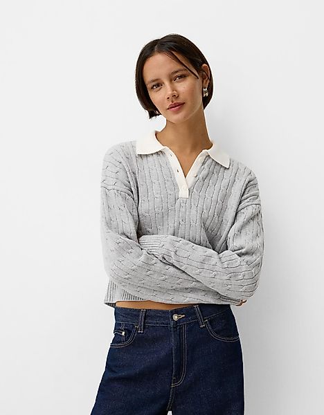 Bershka Pullover Mit Polo-Kragen Und Stickerei Damen 10-12 Grau günstig online kaufen