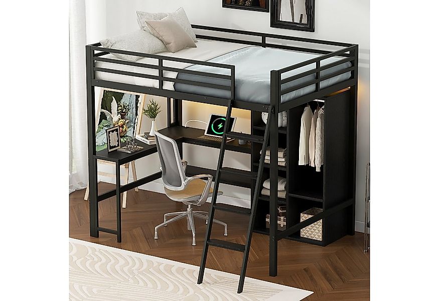 STILVORA Hochbett 140x200 mit Schreibtisch,Jugendbett Eisenbett mit LED-Lic günstig online kaufen