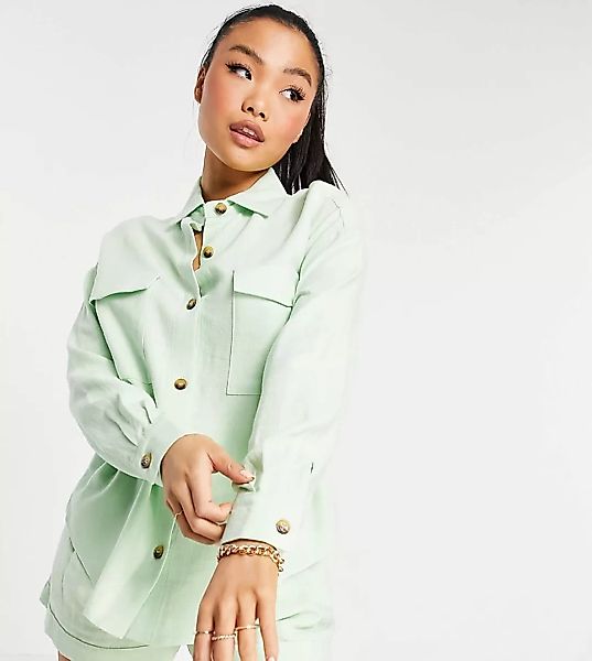 ASOS DESIGN Petite – Anzug-Hemdjacke aus Leinen in Apfelgrün günstig online kaufen