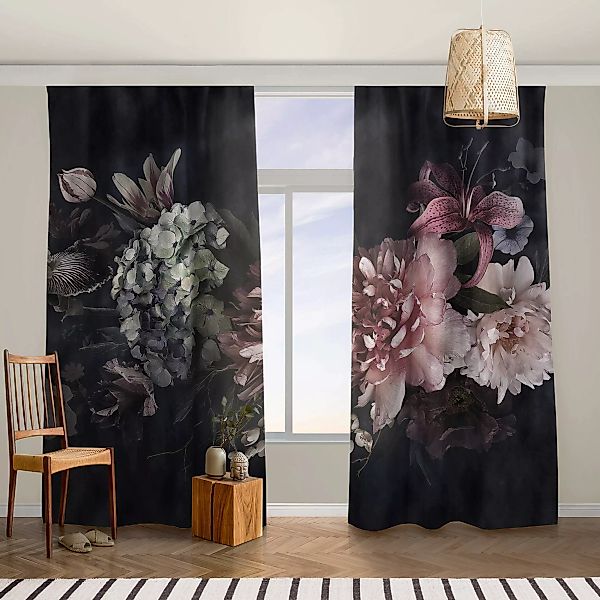 Vorhang Blumen mit Nebel auf Schwarz günstig online kaufen