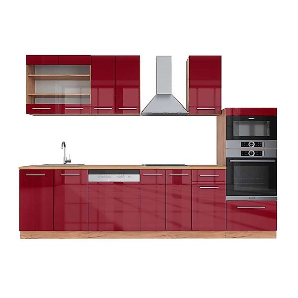 Vicco Fame-Line Küchenzeile Bordeaux Hochglanz/Goldkraft Eiche 300 cm mit H günstig online kaufen