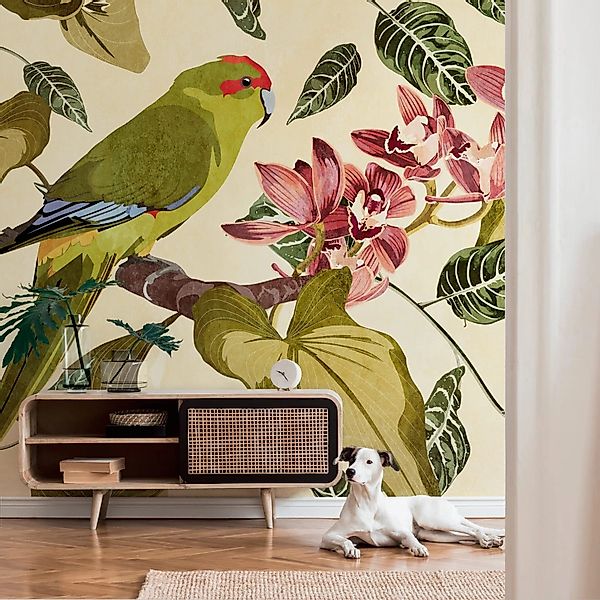 PROFHOME 382441-GU Fototapete Vogelmuster Grün Beige Rot Grau 3,71 m x 2,8 günstig online kaufen