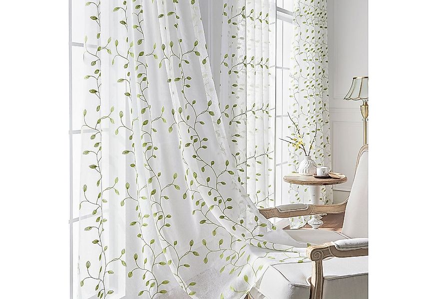 BTTO V&G Gardine Voile Gardine Blättern Stickerei Vorhang 2 Stück, Transpar günstig online kaufen