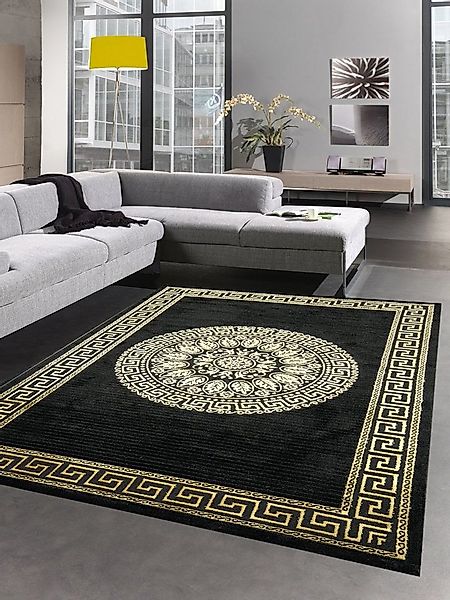 Carpetia Teppich Teppich Wohnzimmer mit Bordüre Mäander Muster schwarz gold günstig online kaufen
