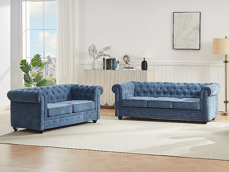 Sofa 3-Sitzer & 2-Sitzer - Stoff - Blau - CHESTERFIELD günstig online kaufen