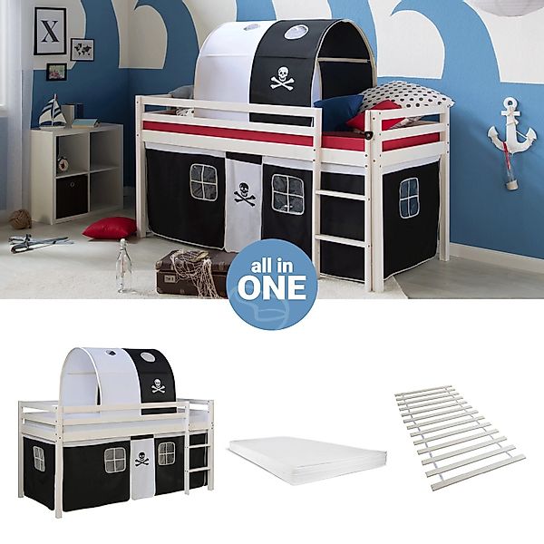 Homestyle4u Hochbett 90x200 mit Vorhang Lattenrost Matratze Tunnel in Weiß günstig online kaufen