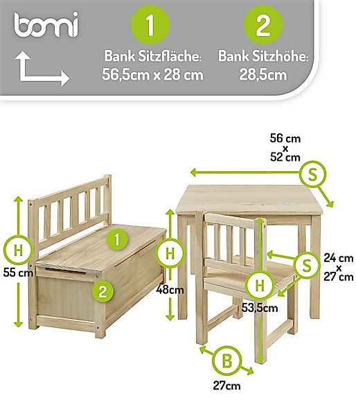 BOMI Kindersitzgruppe Holzsitzgruppe Anna, (Set, 4-tlg., 1x Tisch, 1x Truhe günstig online kaufen