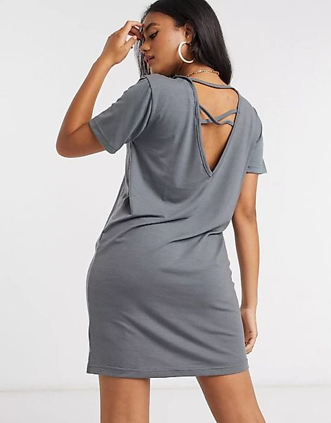Missguided – Dunkelgraues T-Shirt-Kleid mit überkreuztem Rückendesign günstig online kaufen