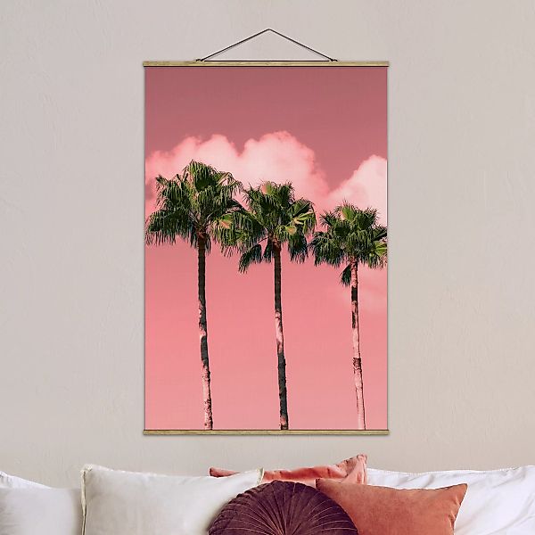 Stoffbild Landschaft mit Posterleisten - Hochformat Palmen vor Himmel Rosa günstig online kaufen
