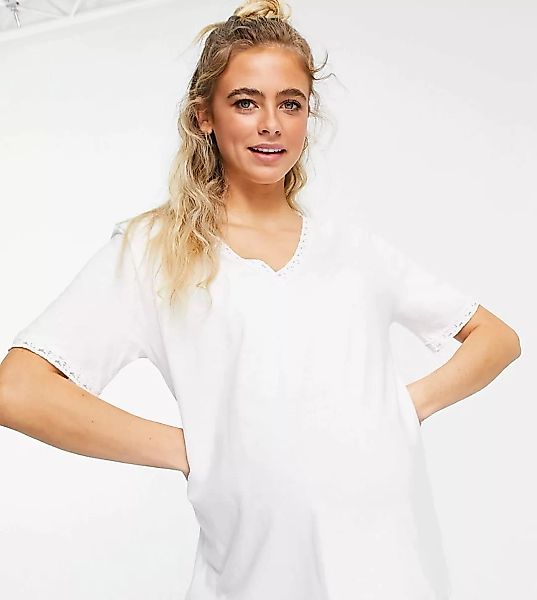 ASOS DESIGN Maternity – T-Shirt mit V-Ausschnitt und Spitzenbesatz in Weiß günstig online kaufen