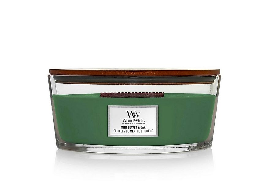 Woodwick Duftkerze Mint Leaves & Oak Ellipse im Glas mit Holzdeckel, 453g, günstig online kaufen
