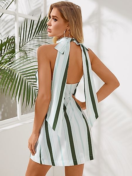 Grüner Streifen Neckholder Mini Kleid günstig online kaufen