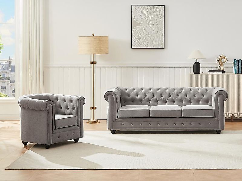 Sofa 3-Sitzer & Sessel - Stoff - Grau - CHESTERFIELD günstig online kaufen