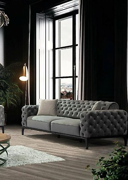 JVmoebel Sofa Sofa 3 Sitzer Dreisitzer Sofas Stoff Grau Wohnzimmer Chesterf günstig online kaufen