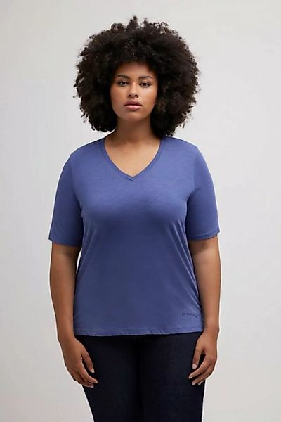 Ulla Popken Rundhalsshirt T-Shirt Saumdruck V-Ausschnitt Halbarm günstig online kaufen