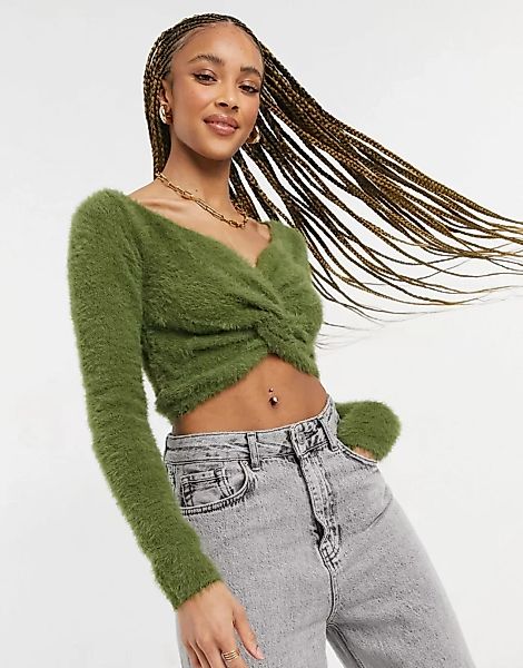 Threadbare – Sasha – Flauschiger, kurzer Pullover mit verdrehter Vorderseit günstig online kaufen