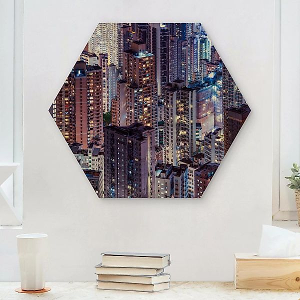 Hexagon-Holzbild Hongkong Lichtermeer günstig online kaufen