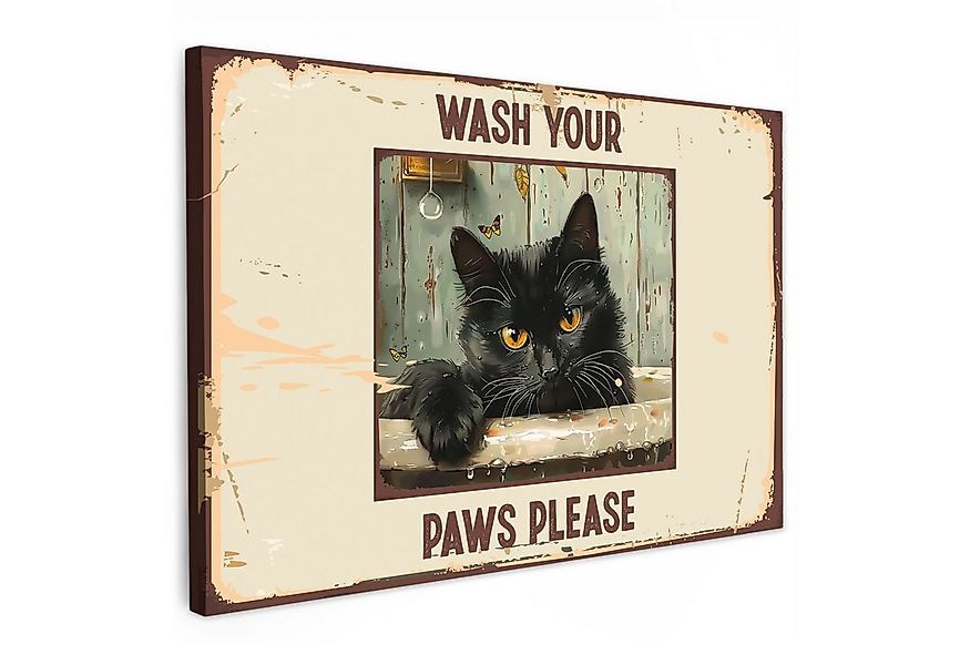 OneMillionCanvasses® Leinwandbild Vintage - Katze - Zitat - Wash your paws günstig online kaufen