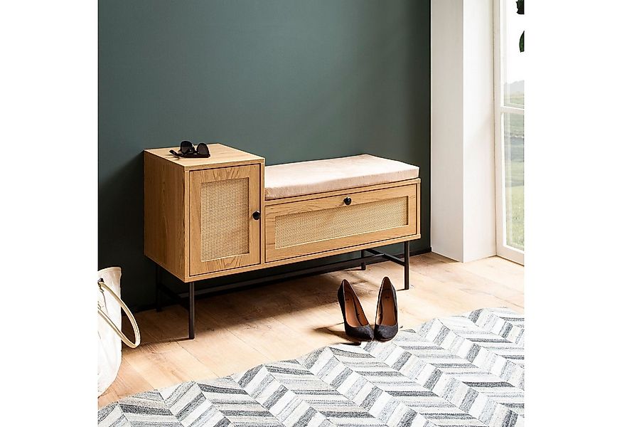 FINEBUY Schuhbank FB103433 Schuhregal 100 cm Garderobe mit Sitzbank Rattan günstig online kaufen