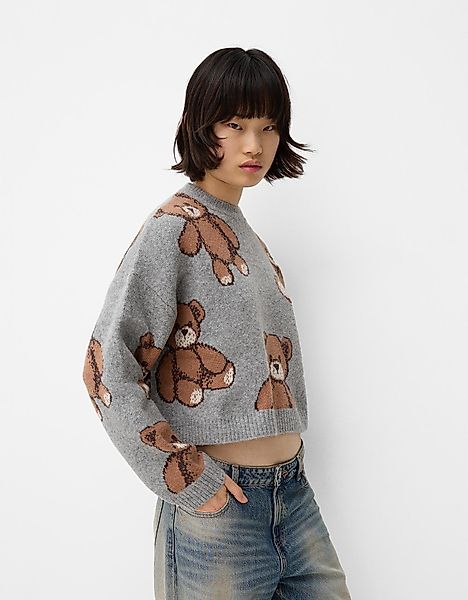 Bershka Cropped-Pullover Mit Print Damen S Grau günstig online kaufen