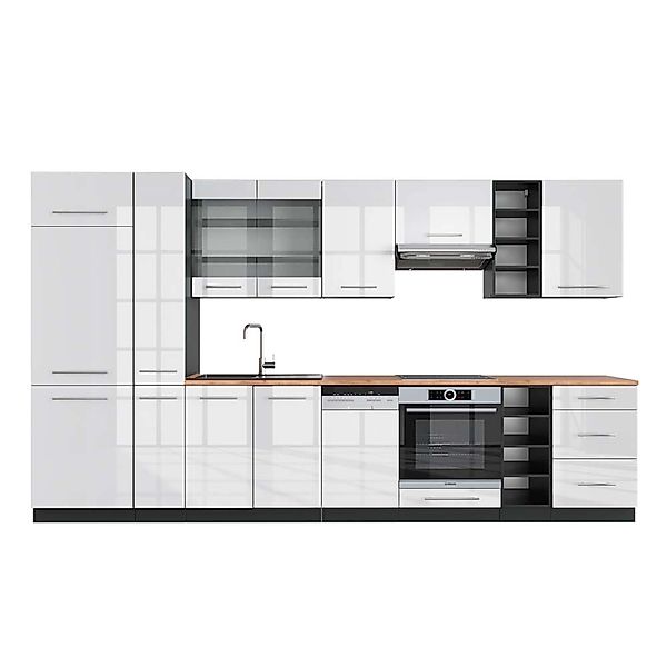 Vicco Fame-Line Küchenzeile Weiß Hochglanz/Anthrazit 355 cm AP Eiche günstig online kaufen