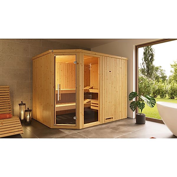 Weka Element-Ecksauna Varberg 4 Sparset 9 kW Kompakt Glastür/Fenster günstig online kaufen