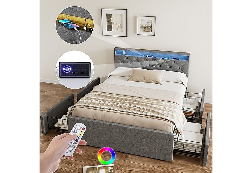 oyajia Polsterbett LED Doppelbett 140x200cm, Stauraumbett mit Kopfteil und günstig online kaufen