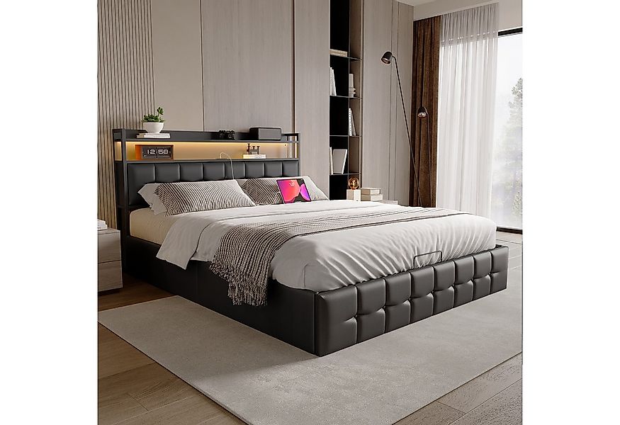 NMCXXO Polsterbett Polsterbett mit Kopfteil, LED und Steckdosen (inkl. Hydr günstig online kaufen