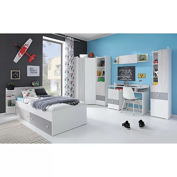 Jugendzimmer Set weiß, Eiche hell, grau COLLINS-133, 6-teilig, inkl. 120x20 günstig online kaufen