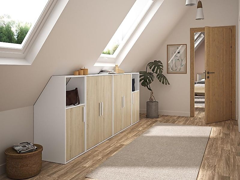 Schrank unter Dachschräge mit 6 Türen & 2 Ablagen - Weiß & Holzfarben - ADE günstig online kaufen