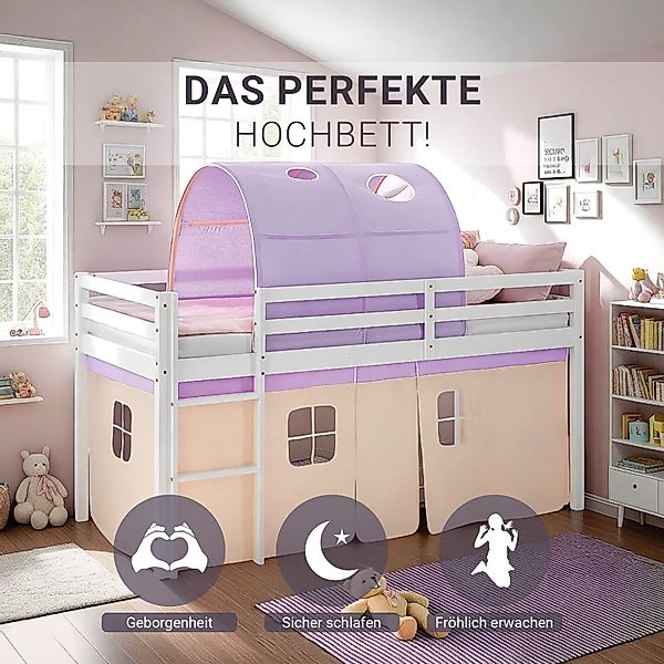 Homestyle4u Kinderbett Hochbett 90x200 mit Lattenrost Tunnel Vorhang Lila O günstig online kaufen
