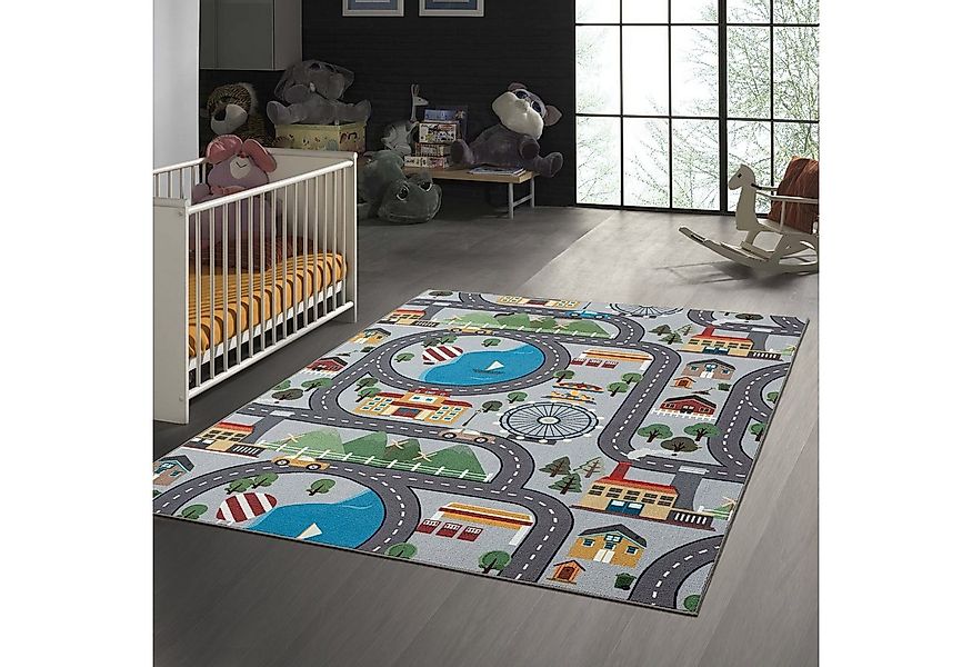 TeppichHome24 Kinderteppich Spielteppich - Straßenteppich in Grau, rund, Hö günstig online kaufen