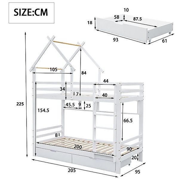 TavilaEcon Etagenbett Hausbett Kinderbett mit Schubladen und Regalen, Weiß, günstig online kaufen