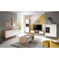 Wohnzimmerwand im Skandi Design Weiß und Eiche (sechsteilig) günstig online kaufen