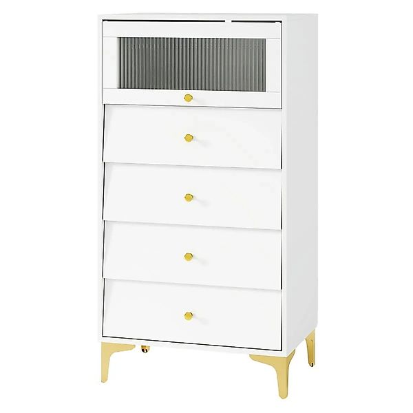 Costway Kommode 4 Schubladen Glastür Weiß Metallbeine günstig online kaufen