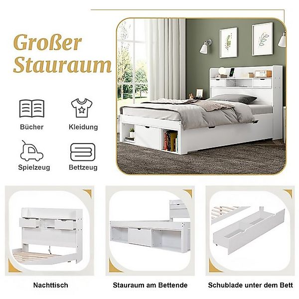 Flieks Holzbett, Einzelbett 90x200cm mit USB-Laden & Schubladen & Stauraumf günstig online kaufen