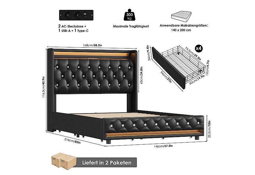Homfa Polsterbett Bett 140x200 Bettgestell Doppelbett, mit Ladefunktion und günstig online kaufen