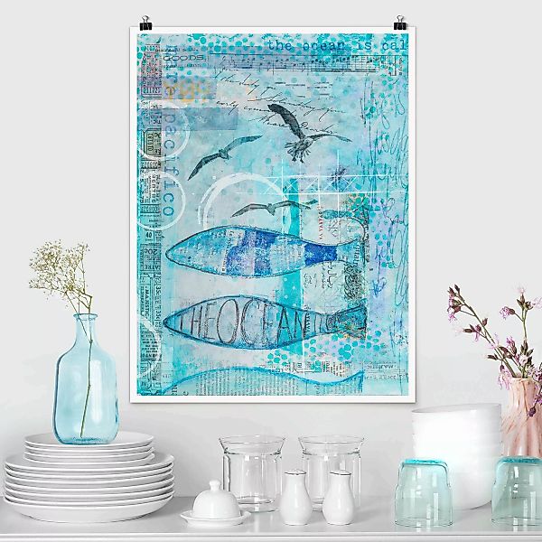 Poster Bunte Collage - Blaue Fische günstig online kaufen