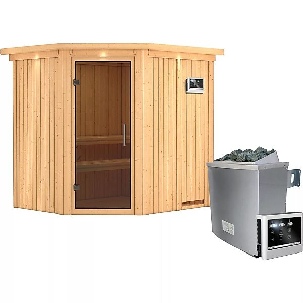 Karibu Sauna Swenna inkl. Ofen 9 kW mit ext. Steuerung, Dachkranz, Tür Grap günstig online kaufen