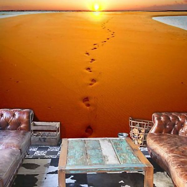 artgeist Fototapete Fußabdrücke am Sand orange Gr. 300 x 231 günstig online kaufen